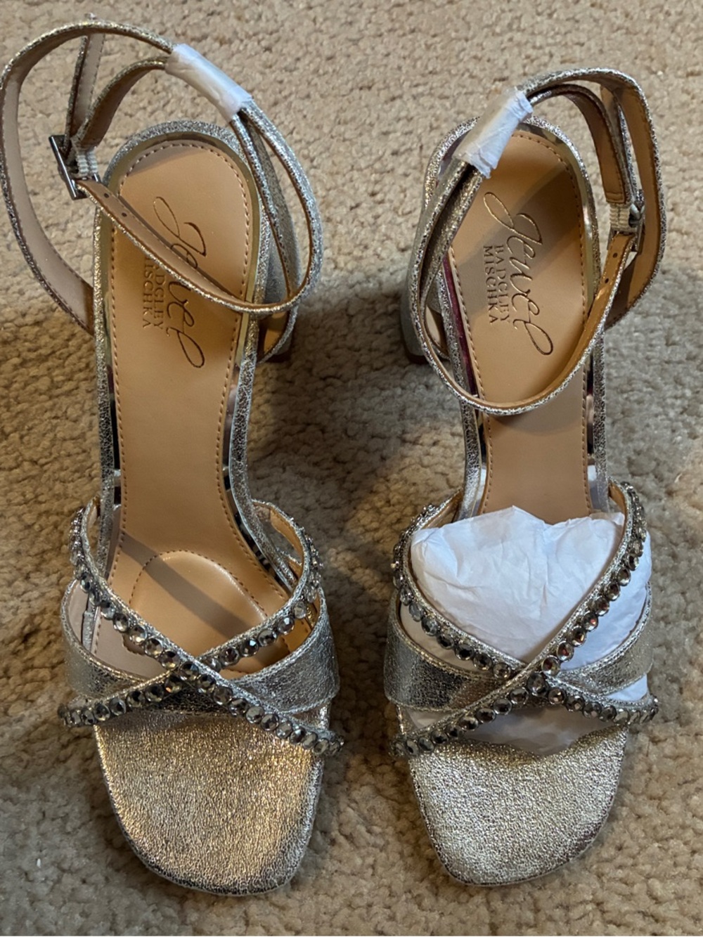 Badgley Mischka Silver Rhinestone Crisscross Ankle-Strap Heels